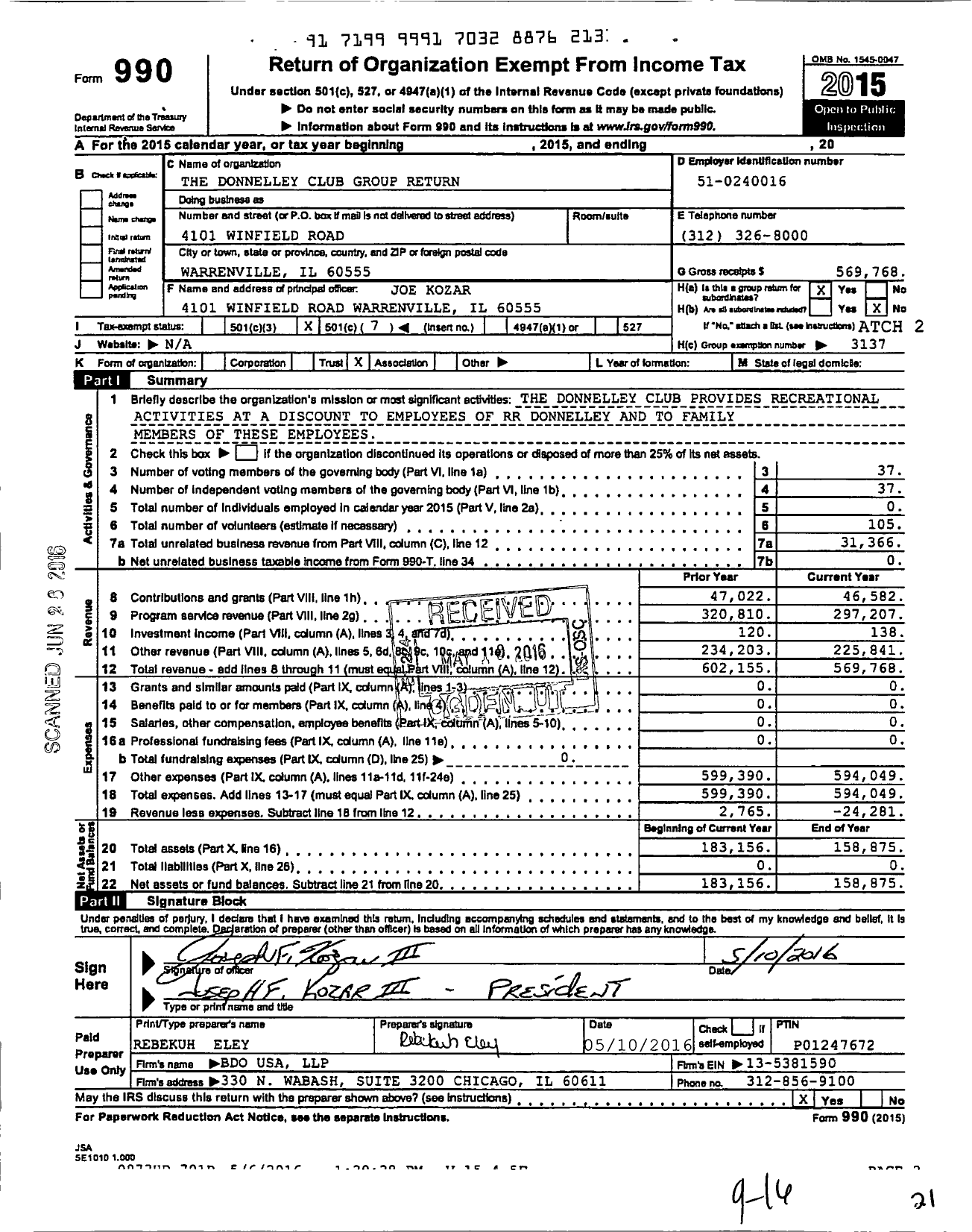 Image of first page of 2015 Form 990O for Donnelley Club Group Return