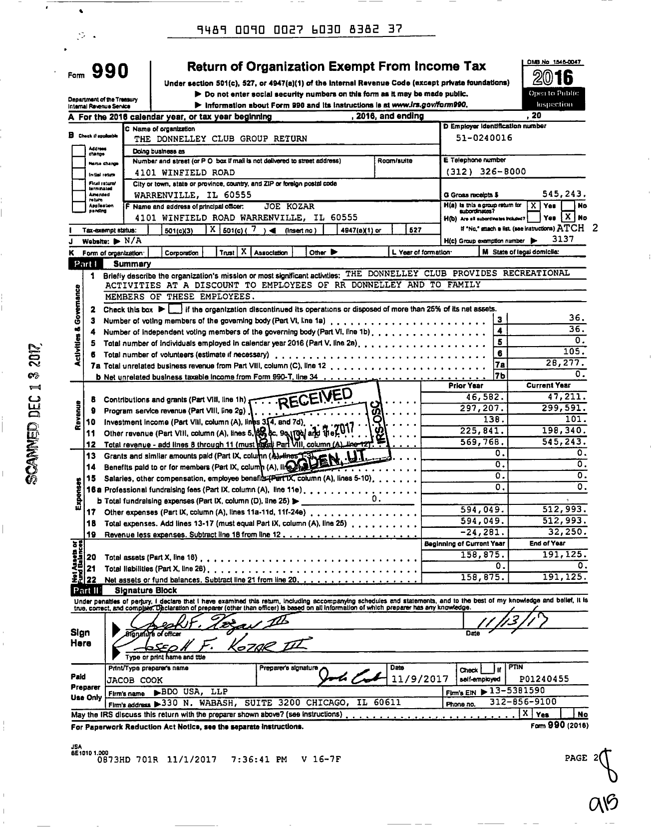 Image of first page of 2016 Form 990O for Donnelley Club Group Return