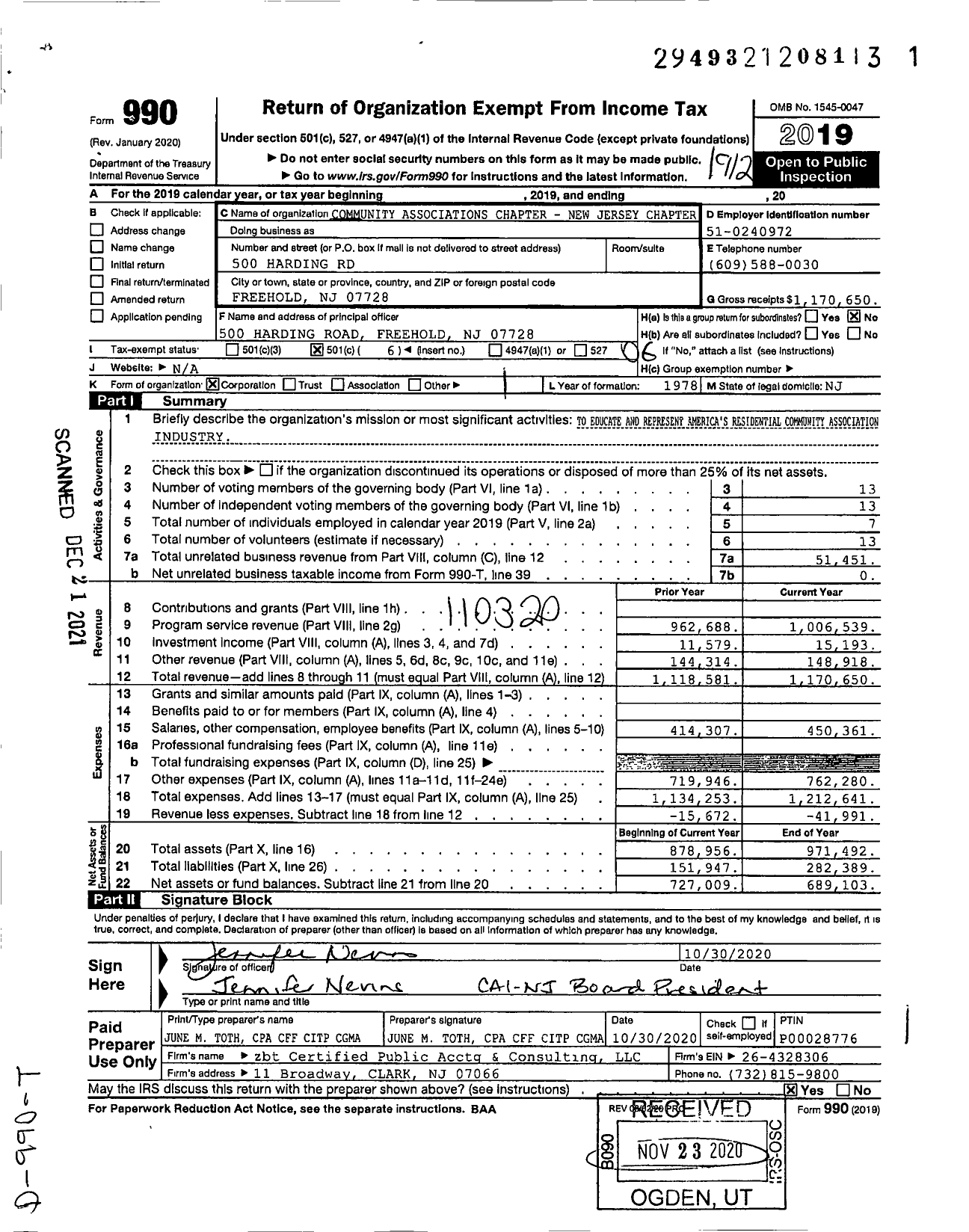 Image of first page of 2019 Form 990O for Community Associations Institute - New Jersey Chapter