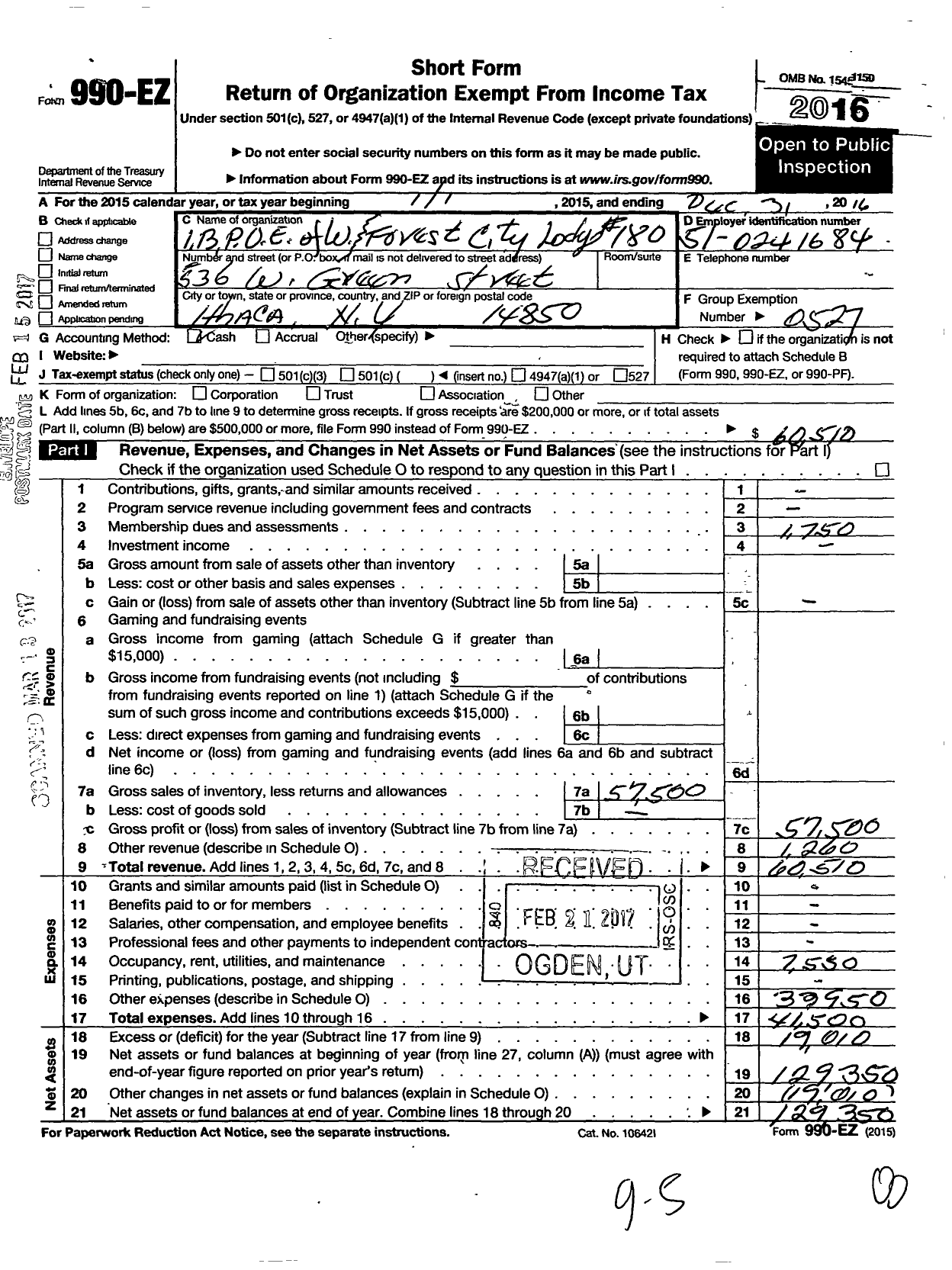 Image of first page of 2016 Form 990EO for Improved Benevolent and Protective Order of Elks of the World - 180 Forest City