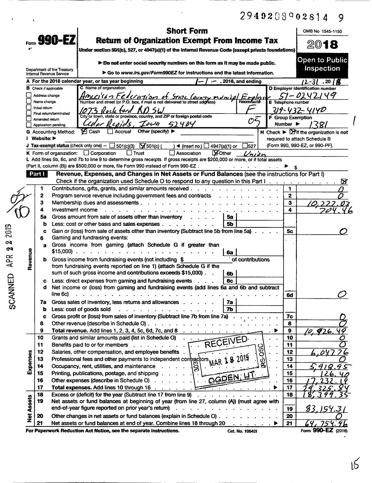 Image of first page of 2018 Form 990EO for American Federation of State County and Municipal Employees