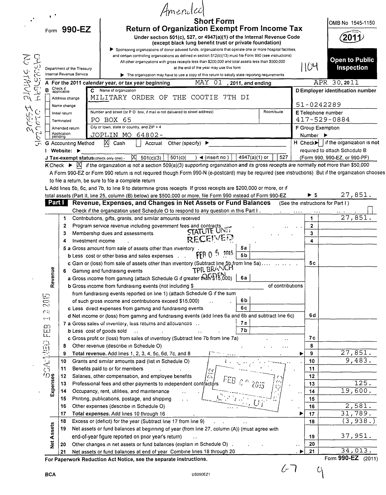 Image of first page of 2010 Form 990EZ for Military Order of the Cootie of the United States - Mozark PT 11