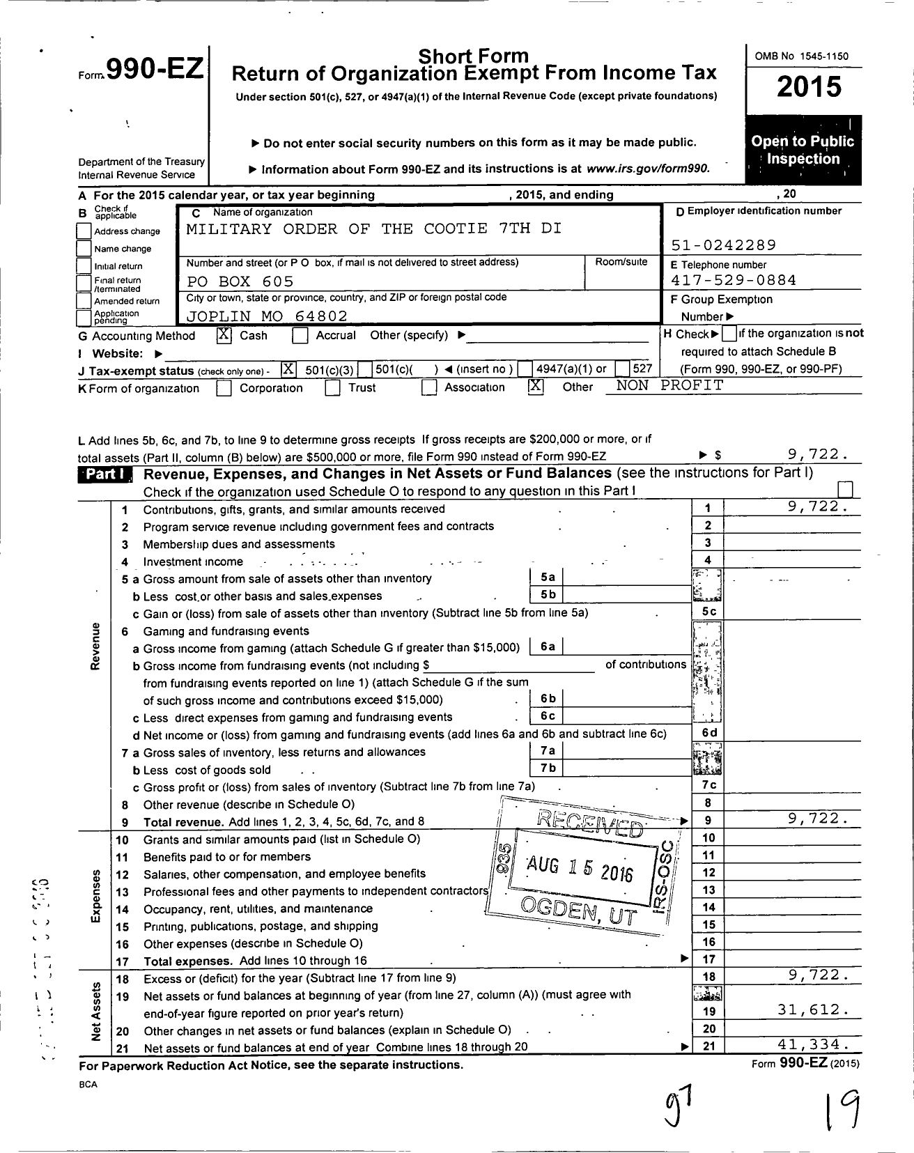 Image of first page of 2015 Form 990EZ for Military Order of the Cootie of the United States - Mozark PT 11