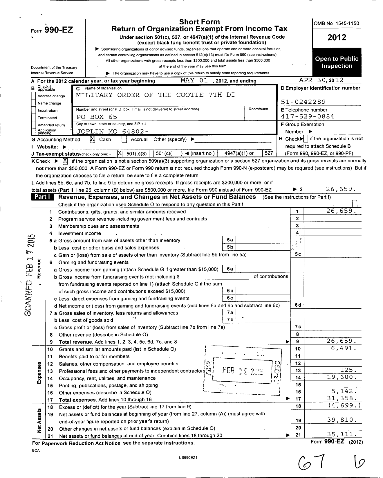 Image of first page of 2011 Form 990EZ for Military Order of the Cootie of the United States - Mozark PT 11