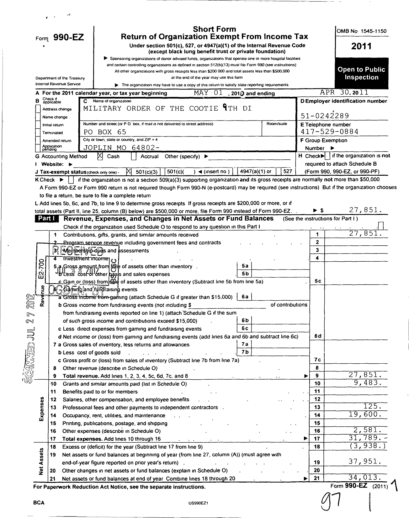 Image of first page of 2010 Form 990EZ for Military Order of the Cootie of the United States - Mozark PT 11