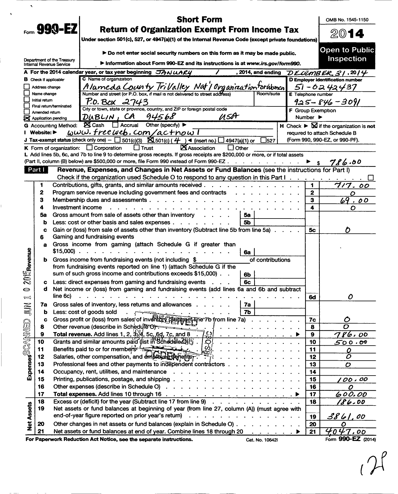 Image of first page of 2014 Form 990EO for National Organization for Women / Ca0802 Alameda Co Tri-Valley Now