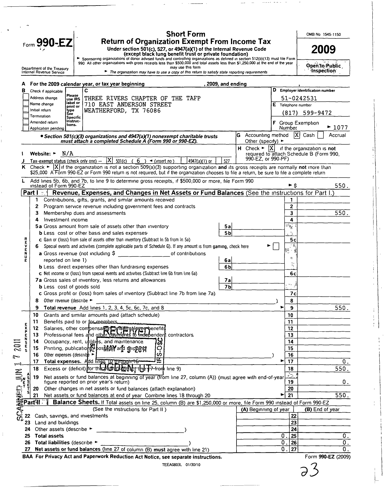 Image of first page of 2009 Form 990EO for American Academy of Family Physicians - Three Rivers Chapter