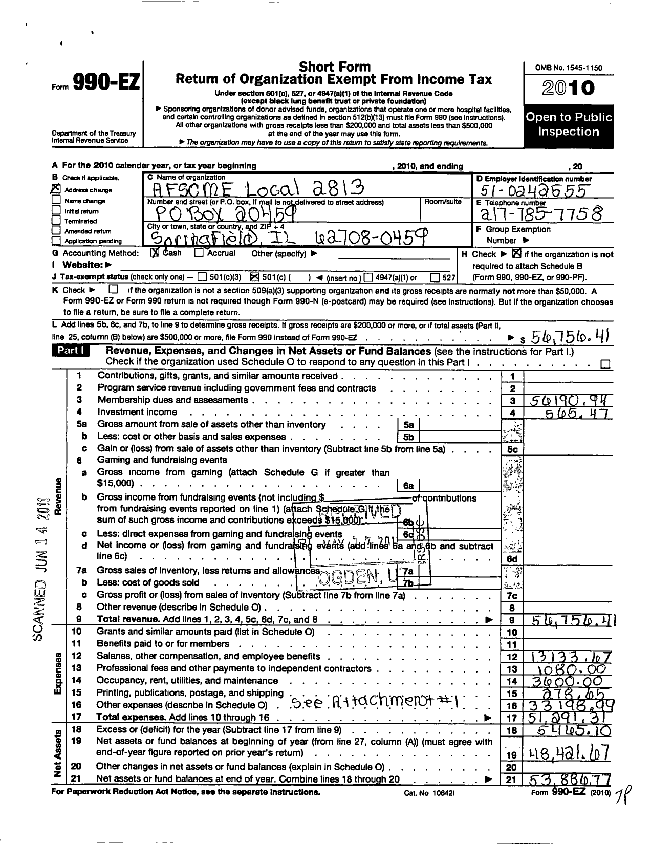 Image of first page of 2010 Form 990EO for American Federation of State County & Municipal Employees - L2813il Il St Dept of Trans Sangamo