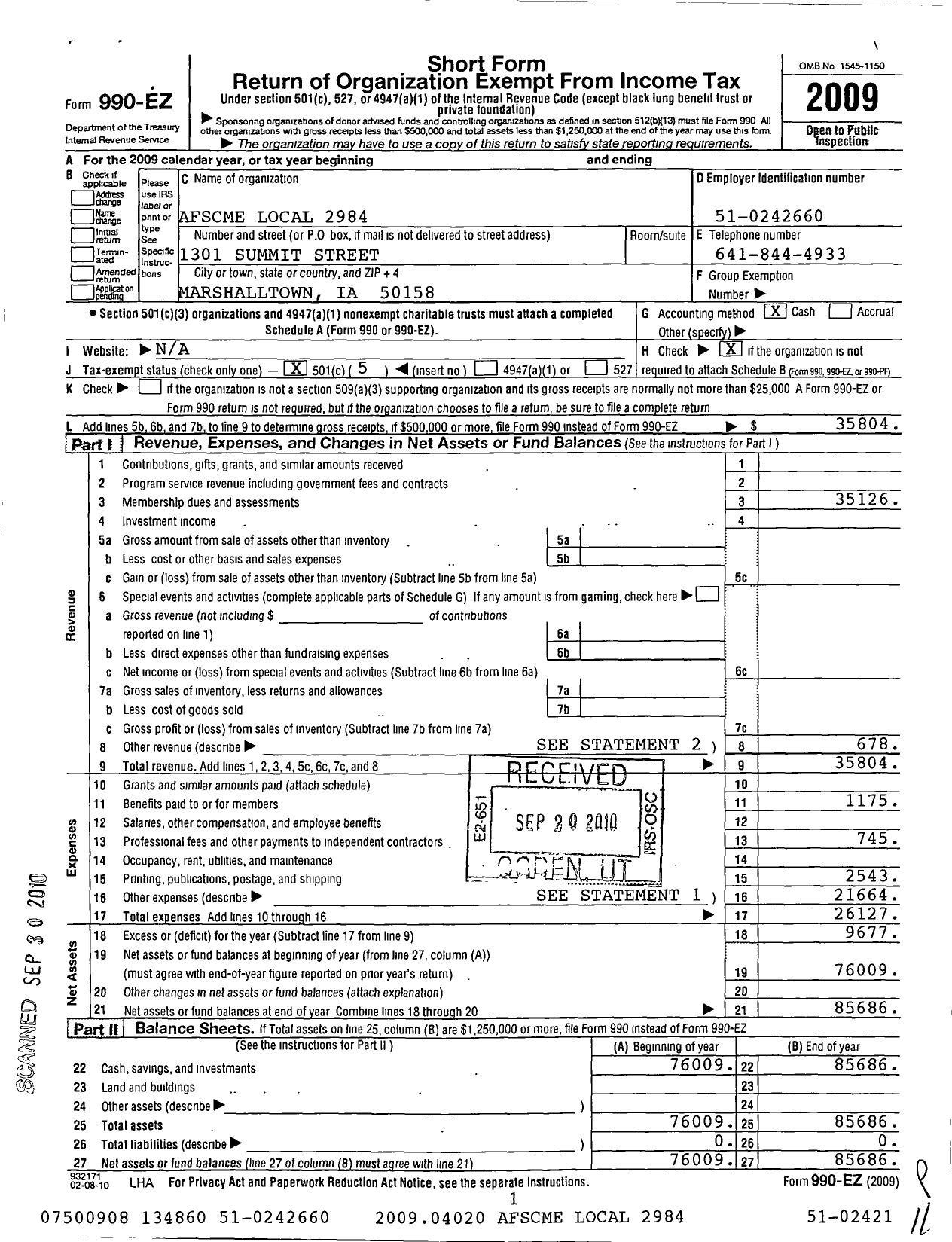 Image of first page of 2009 Form 990EO for American Federation of State County and Municipal Employees