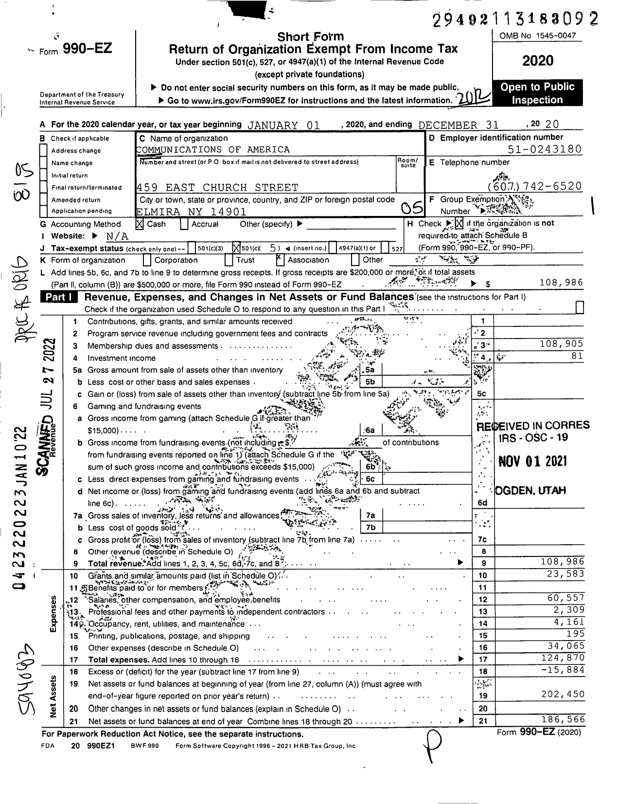 Image of first page of 2020 Form 990EO for Communications Workers of America - 81311 Local