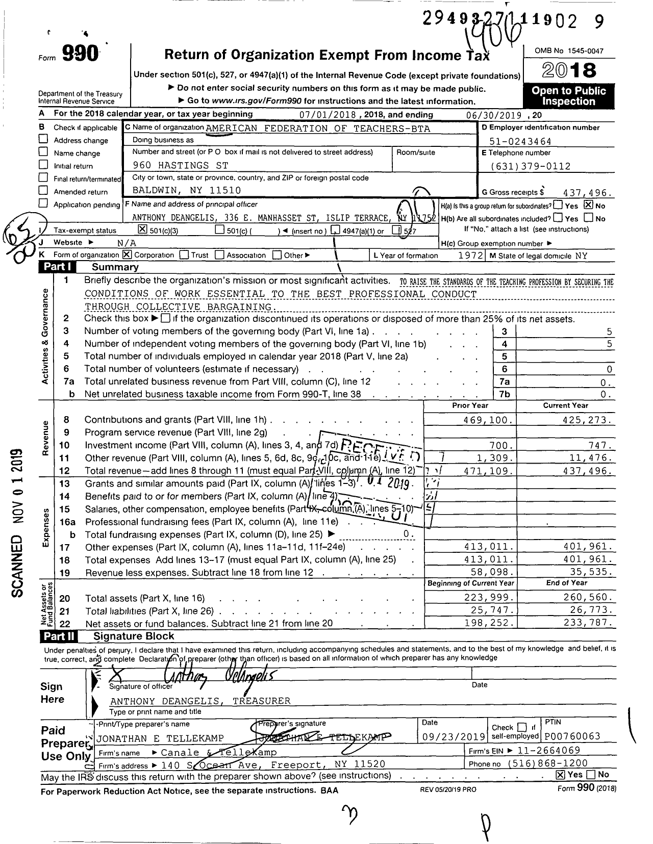 Image of first page of 2018 Form 990O for American Federation of Teachers - 2483 Bladwin Teachers Association