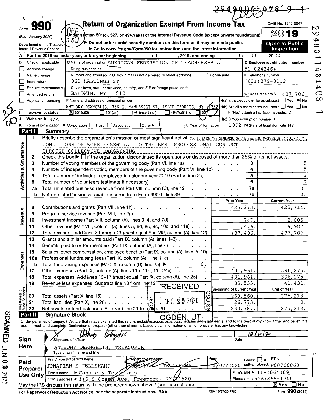 Image of first page of 2019 Form 990O for American Federation of Teachers - 2483 Bladwin Teachers Association