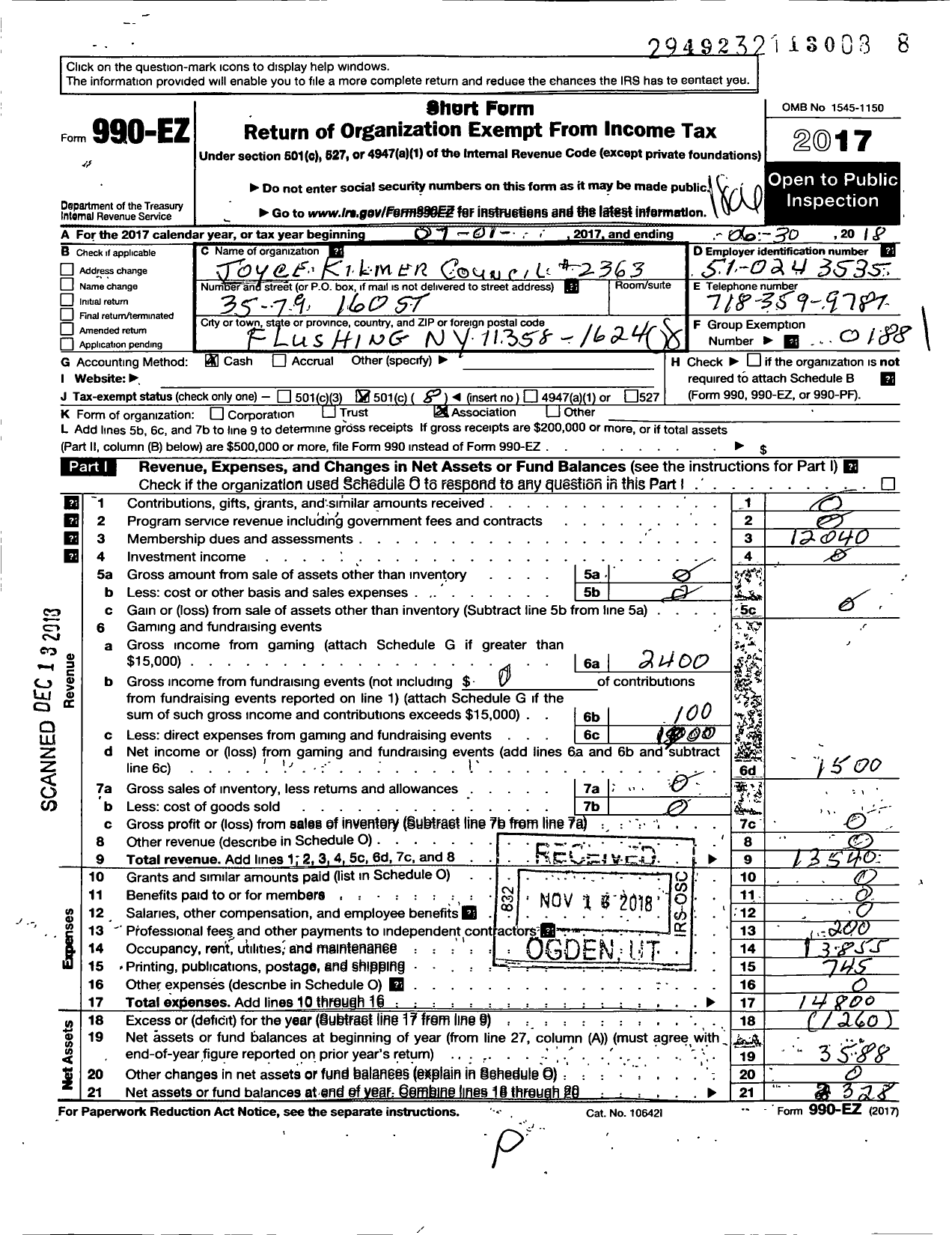 Image of first page of 2017 Form 990EO for Knights of Columbus - 2363 Joyce Kilmer Council