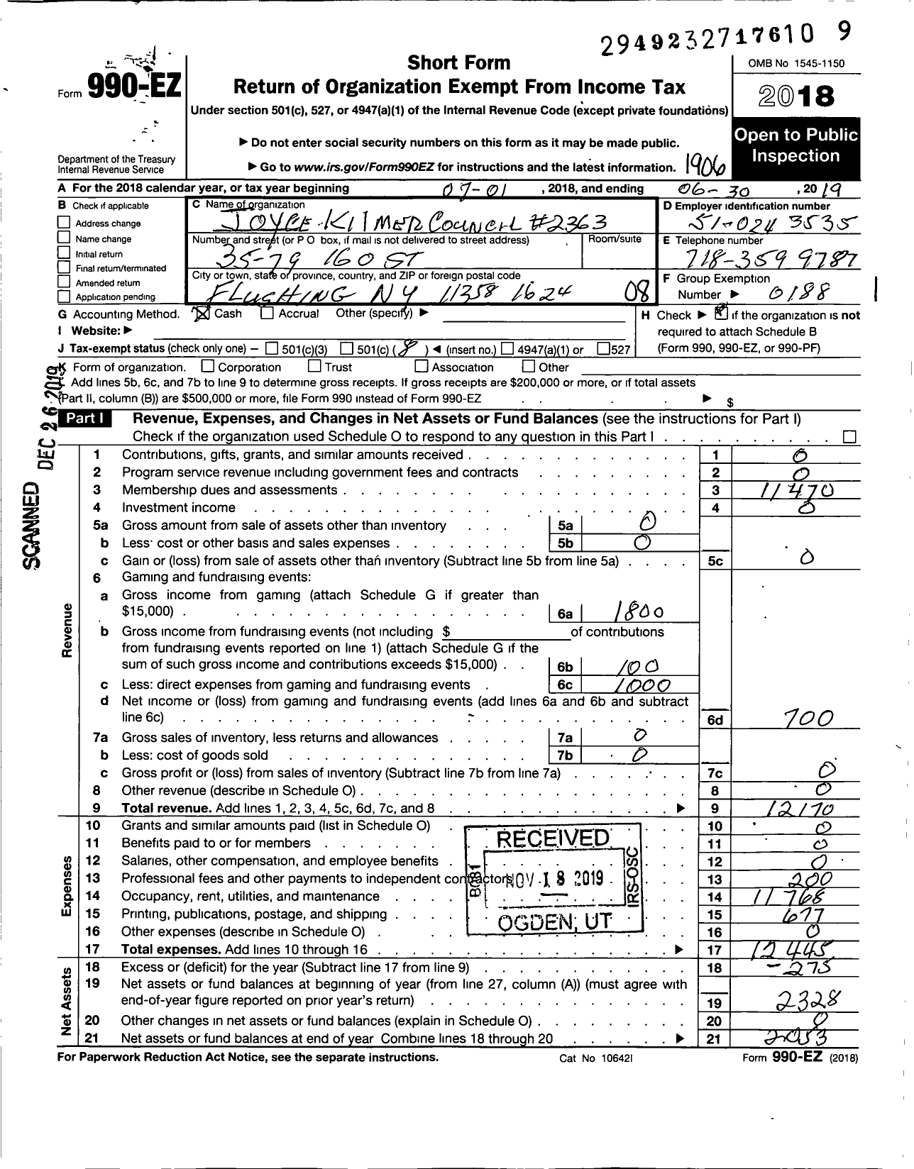 Image of first page of 2018 Form 990EO for Knights of Columbus - 2363 Joyce Kilmer Council