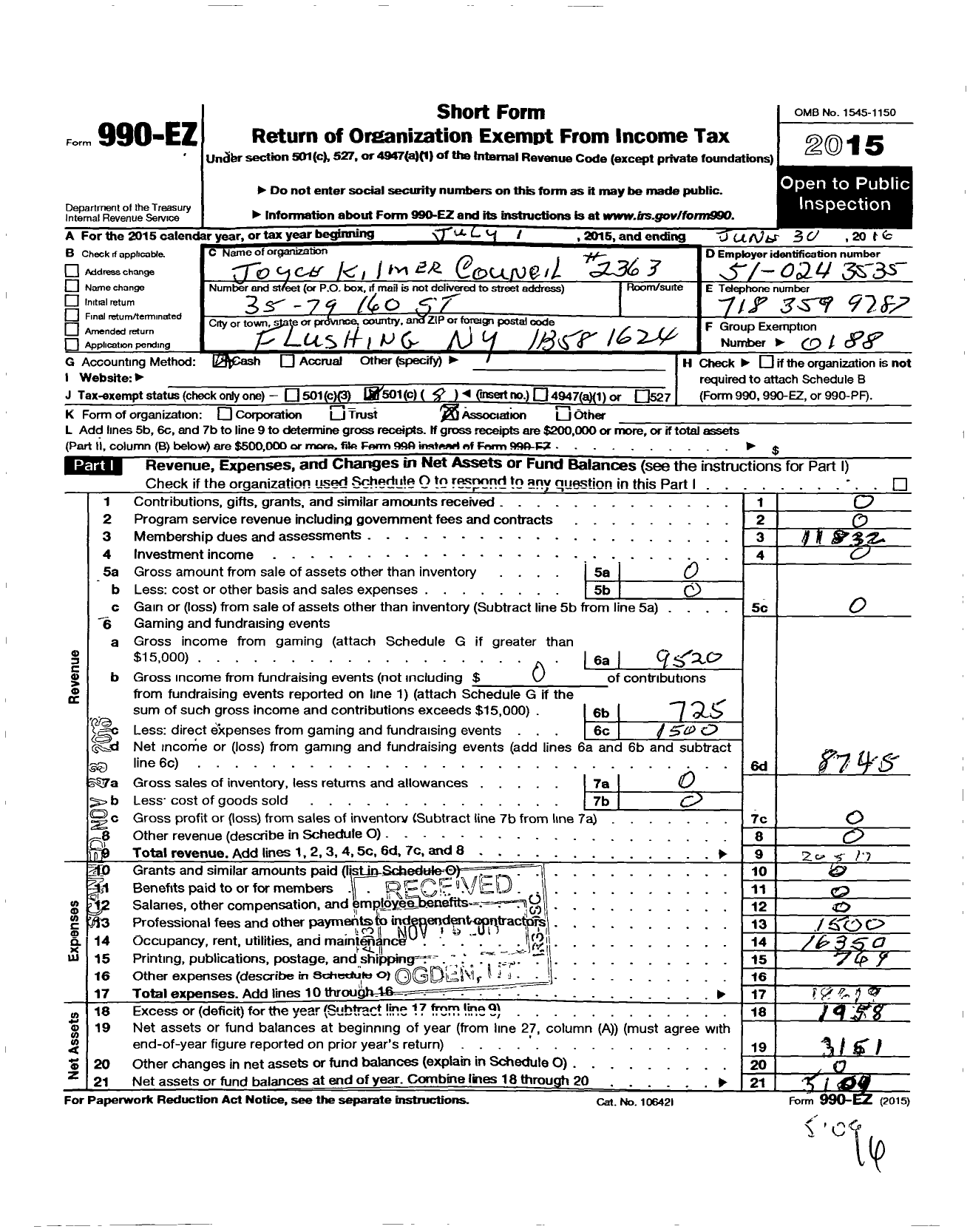 Image of first page of 2015 Form 990EO for Knights of Columbus - 2363 Joyce Kilmer Council