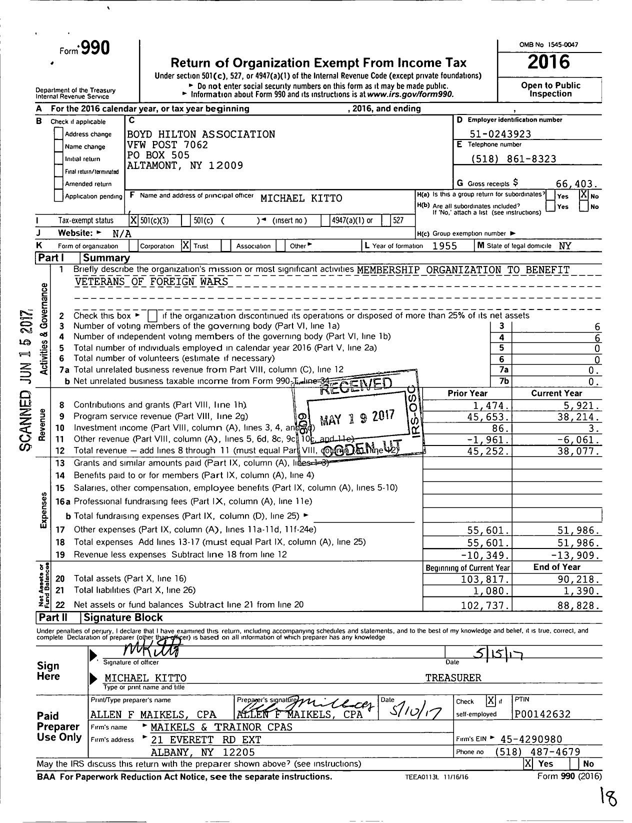 Image of first page of 2016 Form 990 for Department of Ny VFW - 7062 Vfw-Ny
