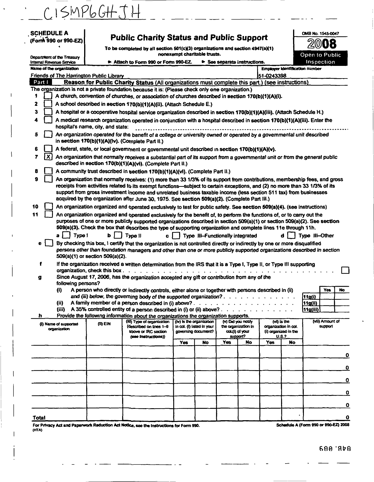 Image of first page of 2008 Form 990ER for Friends of the Harrington Public Library