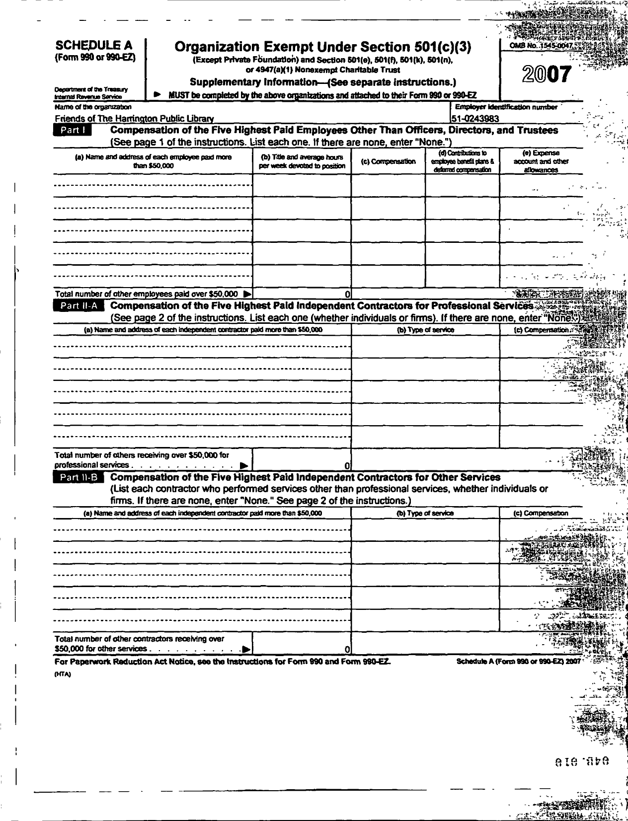 Image of first page of 2007 Form 990ER for Friends of the Harrington Public Library