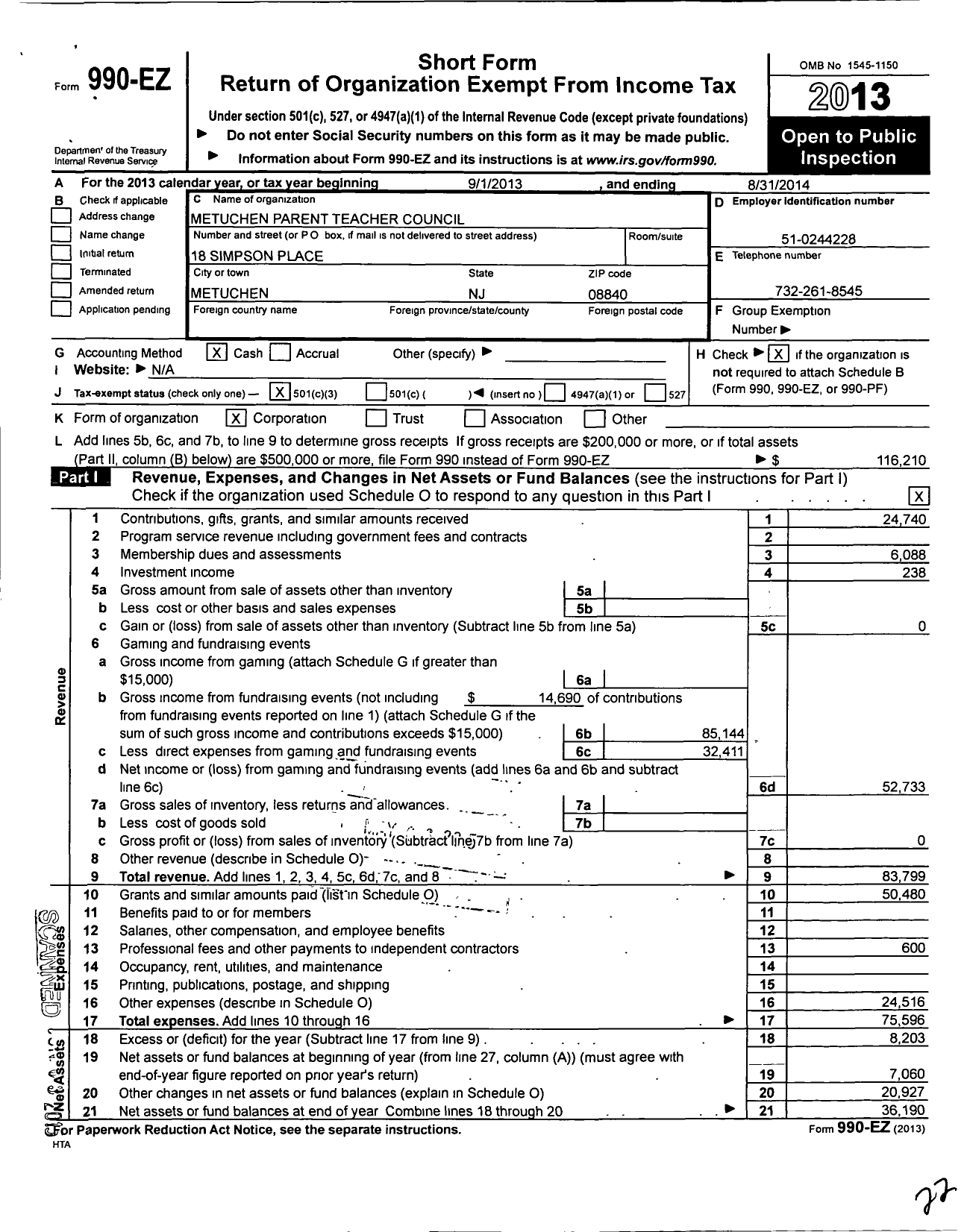 Image of first page of 2013 Form 990EZ for Metuchen Parent Teacher Council