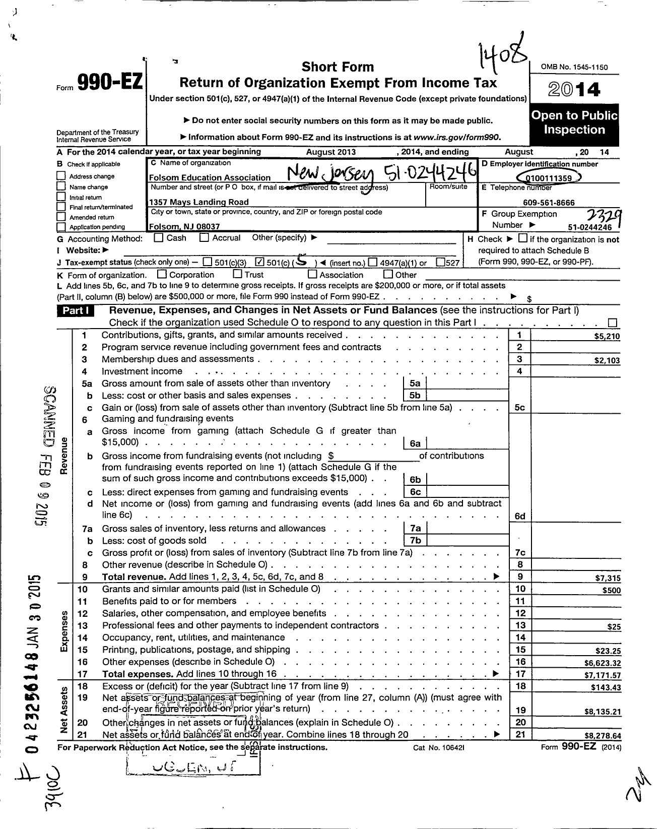 Image of first page of 2013 Form 990EO for New Jersey Education Association - Folsom Ea