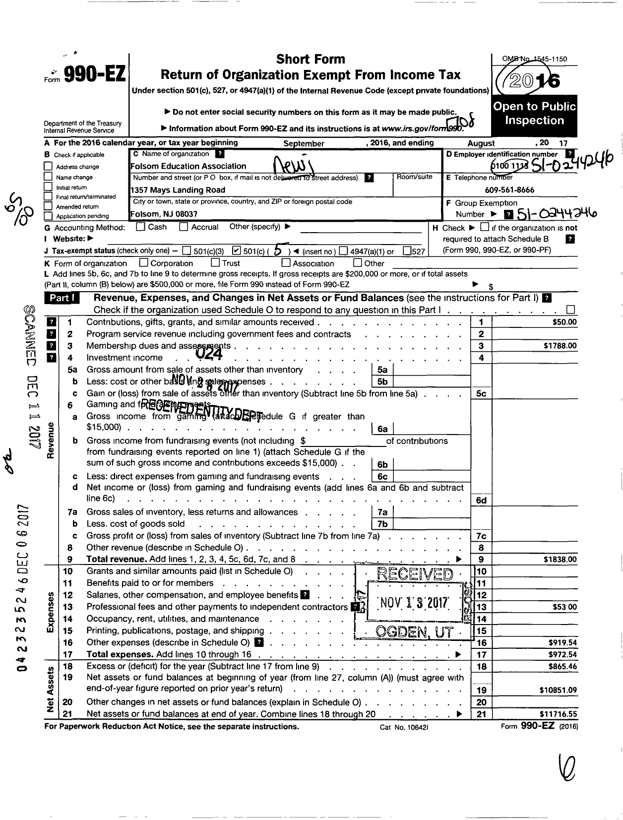 Image of first page of 2016 Form 990EO for New Jersey Education Association - Folsom Ea