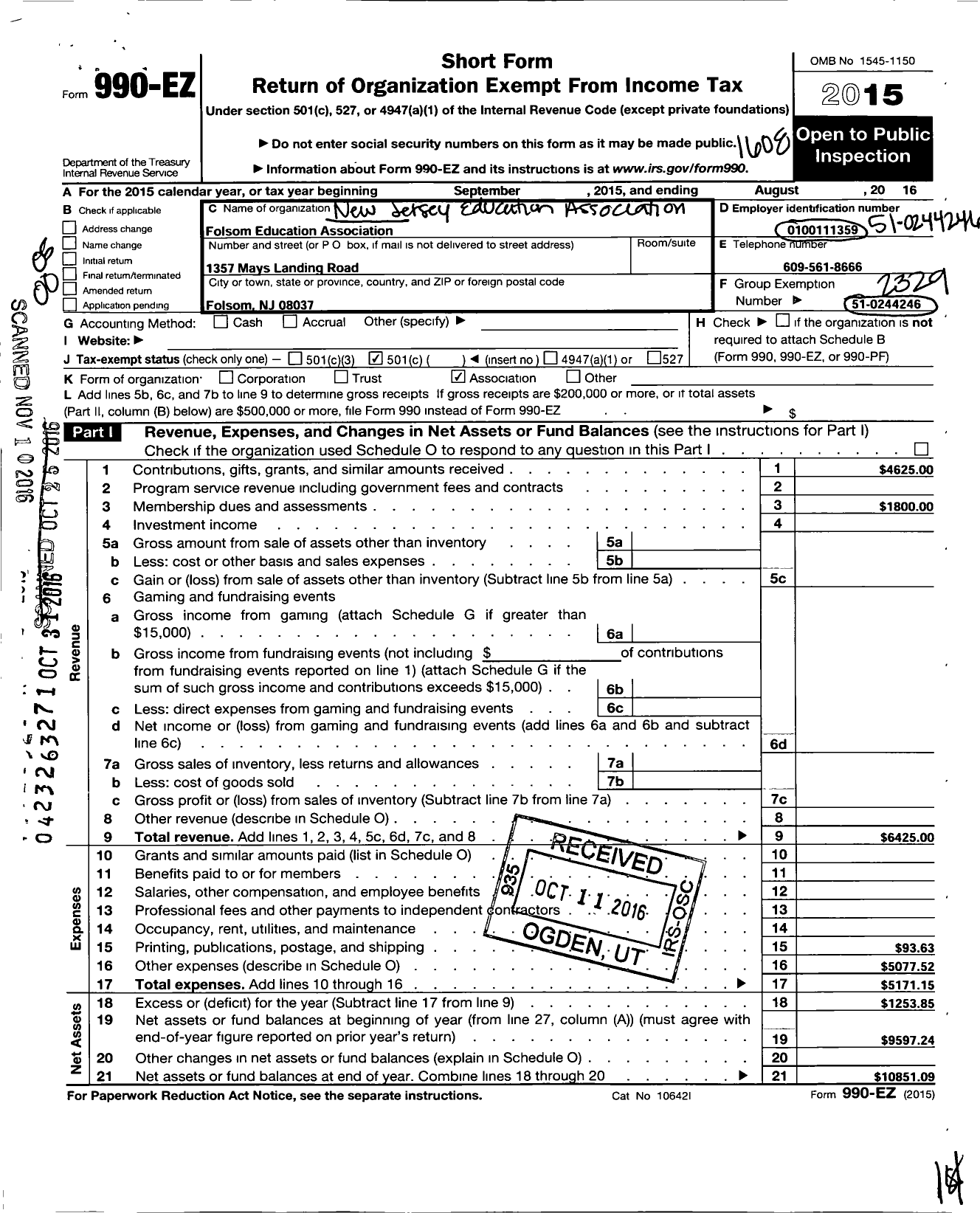 Image of first page of 2015 Form 990EO for New Jersey Education Association - Folsom Ea