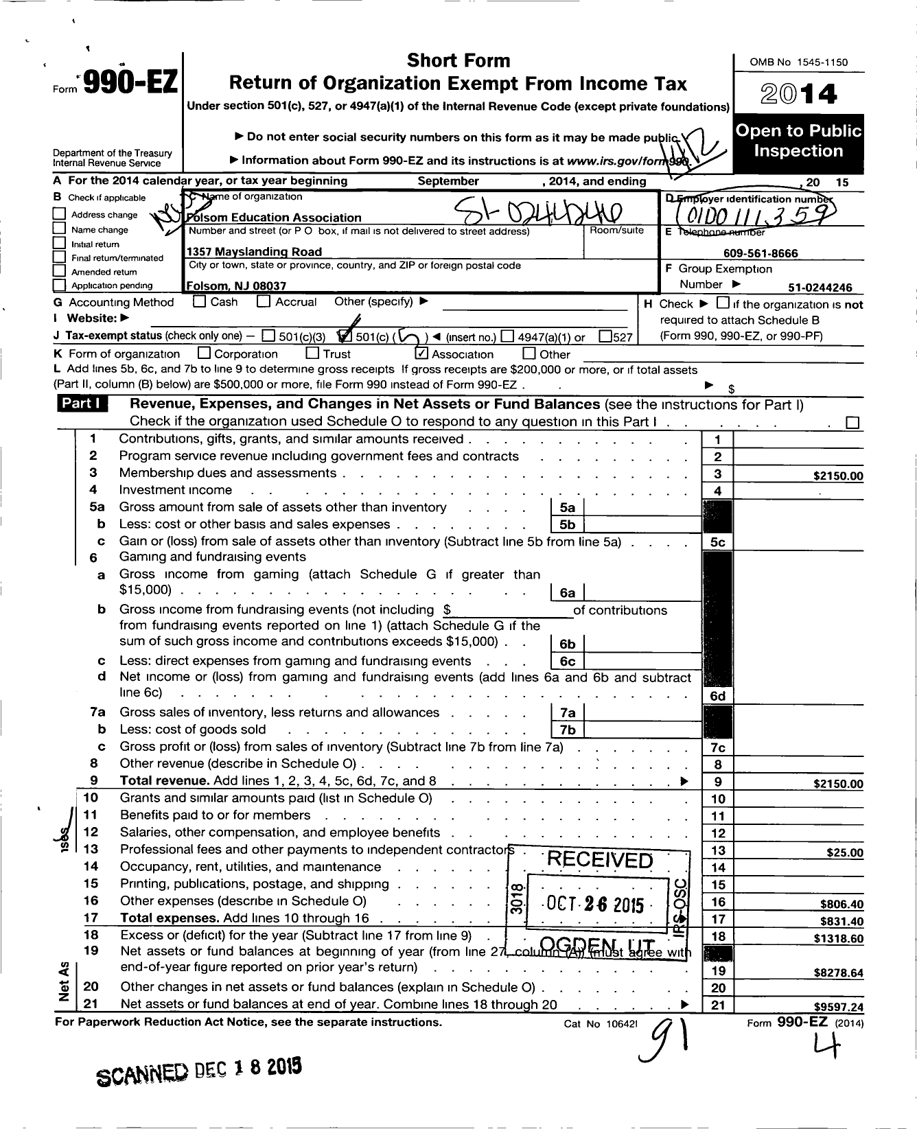 Image of first page of 2014 Form 990EO for New Jersey Education Association - Folsom Ea