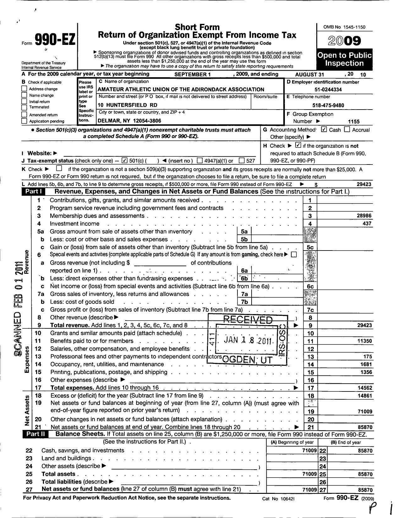 Image of first page of 2009 Form 990EO for Amateur Athletic Union - Adirondack Association