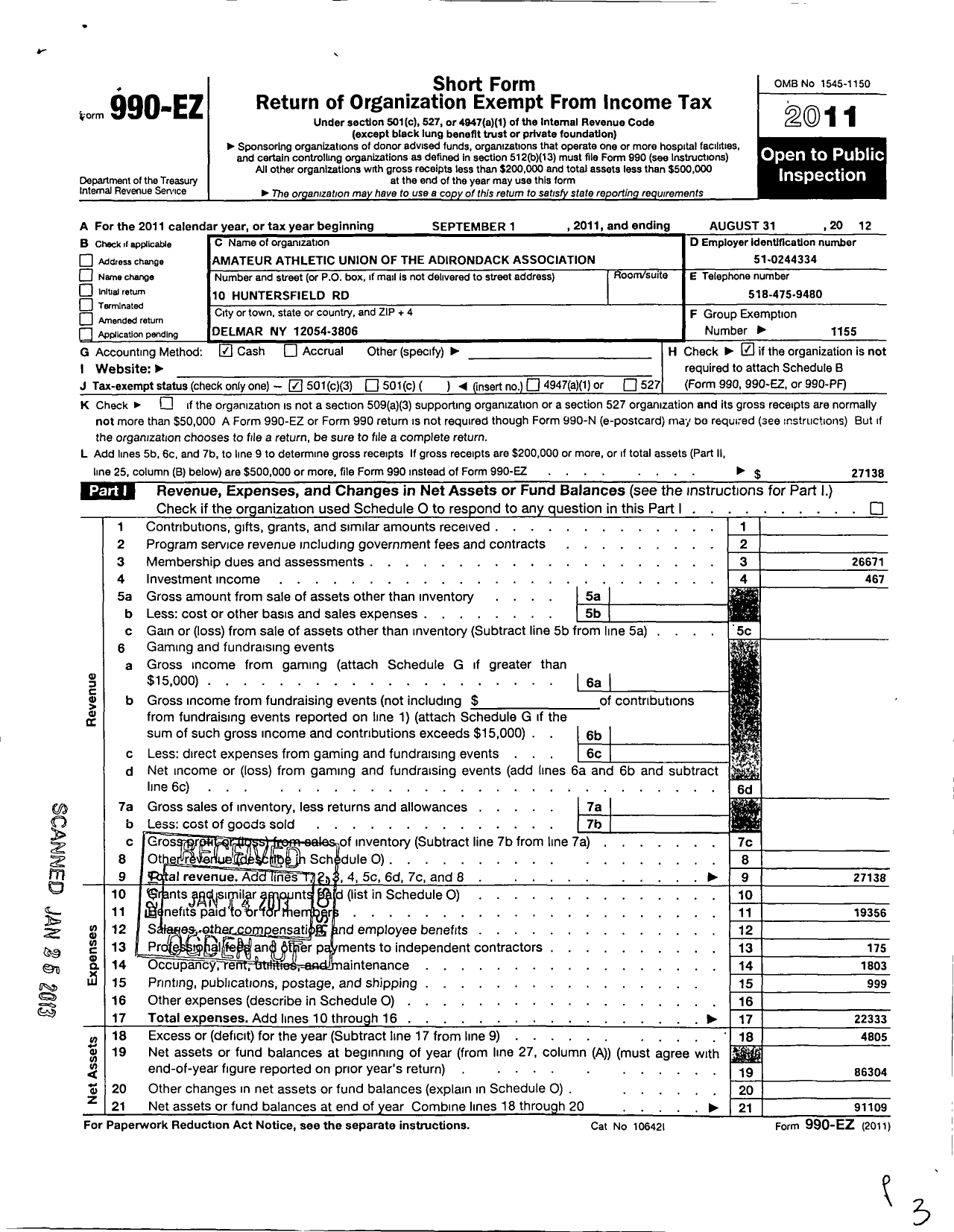 Image of first page of 2011 Form 990EZ for Amateur Athletic Union - Adirondack Association