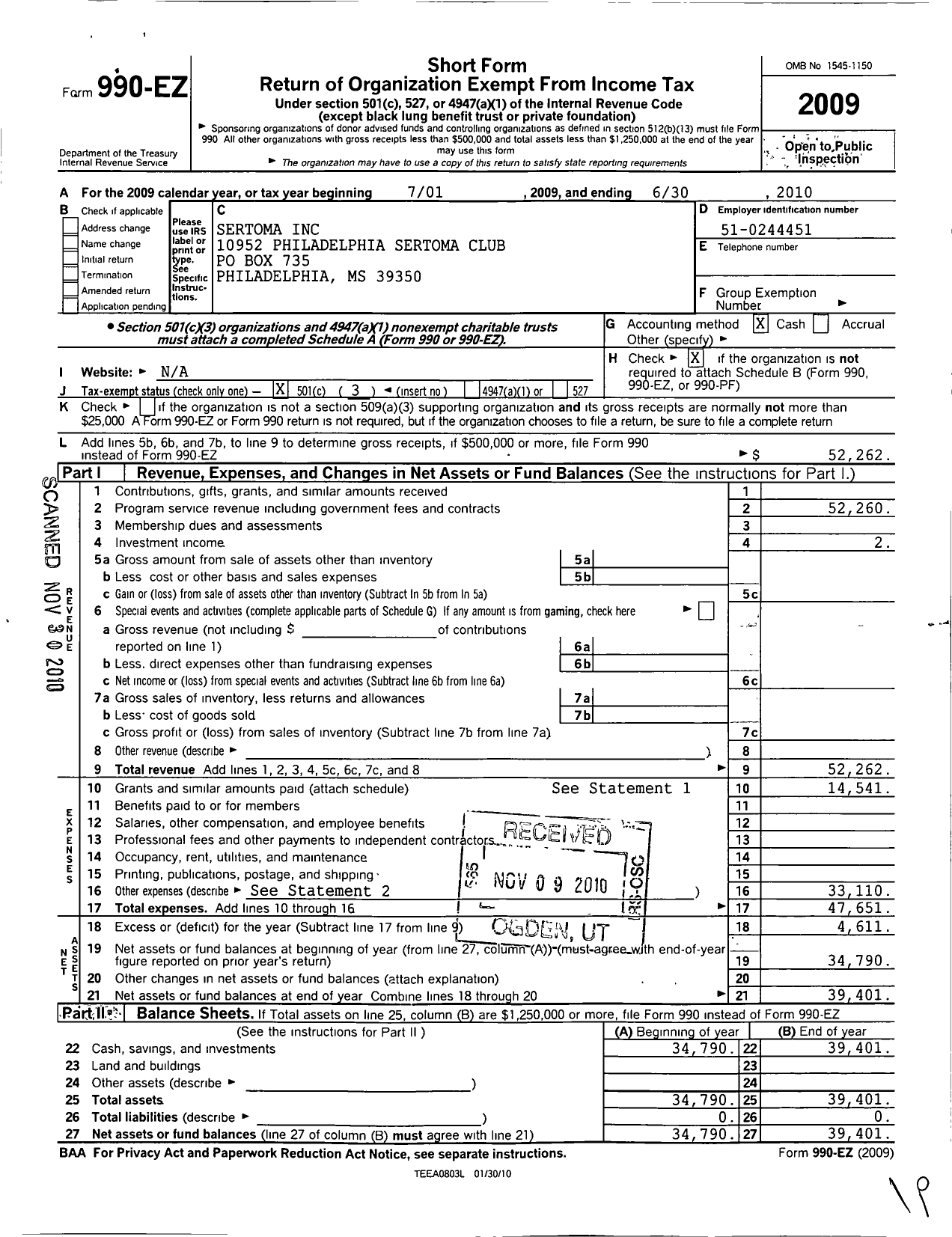 Image of first page of 2009 Form 990EZ for Sertoma - 10952 Philadelphia Sertoma Club