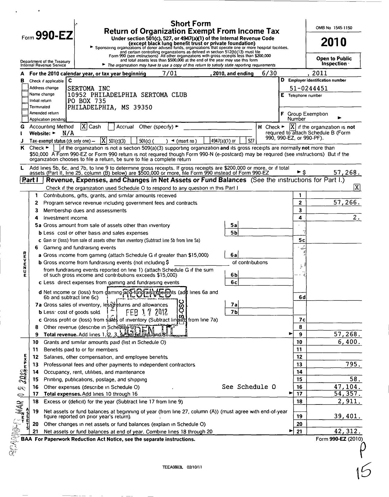 Image of first page of 2010 Form 990EZ for Sertoma - 10952 Philadelphia Sertoma Club