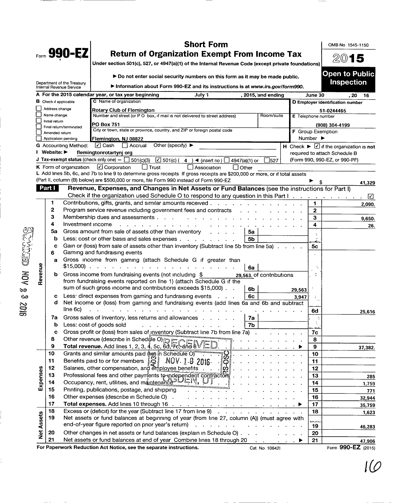 Image of first page of 2015 Form 990EO for Rotary International - Flemington Rotary Club