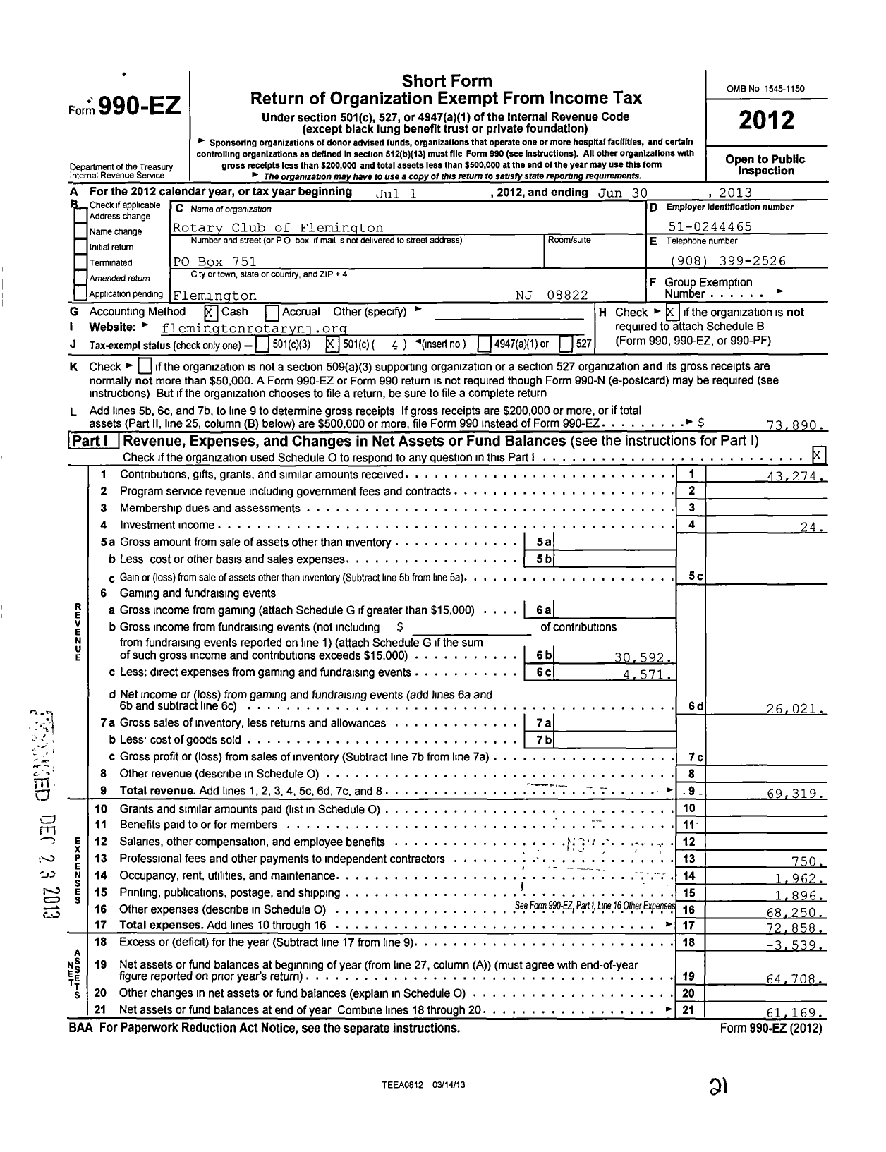 Image of first page of 2012 Form 990EO for Rotary International - Flemington Rotary Club