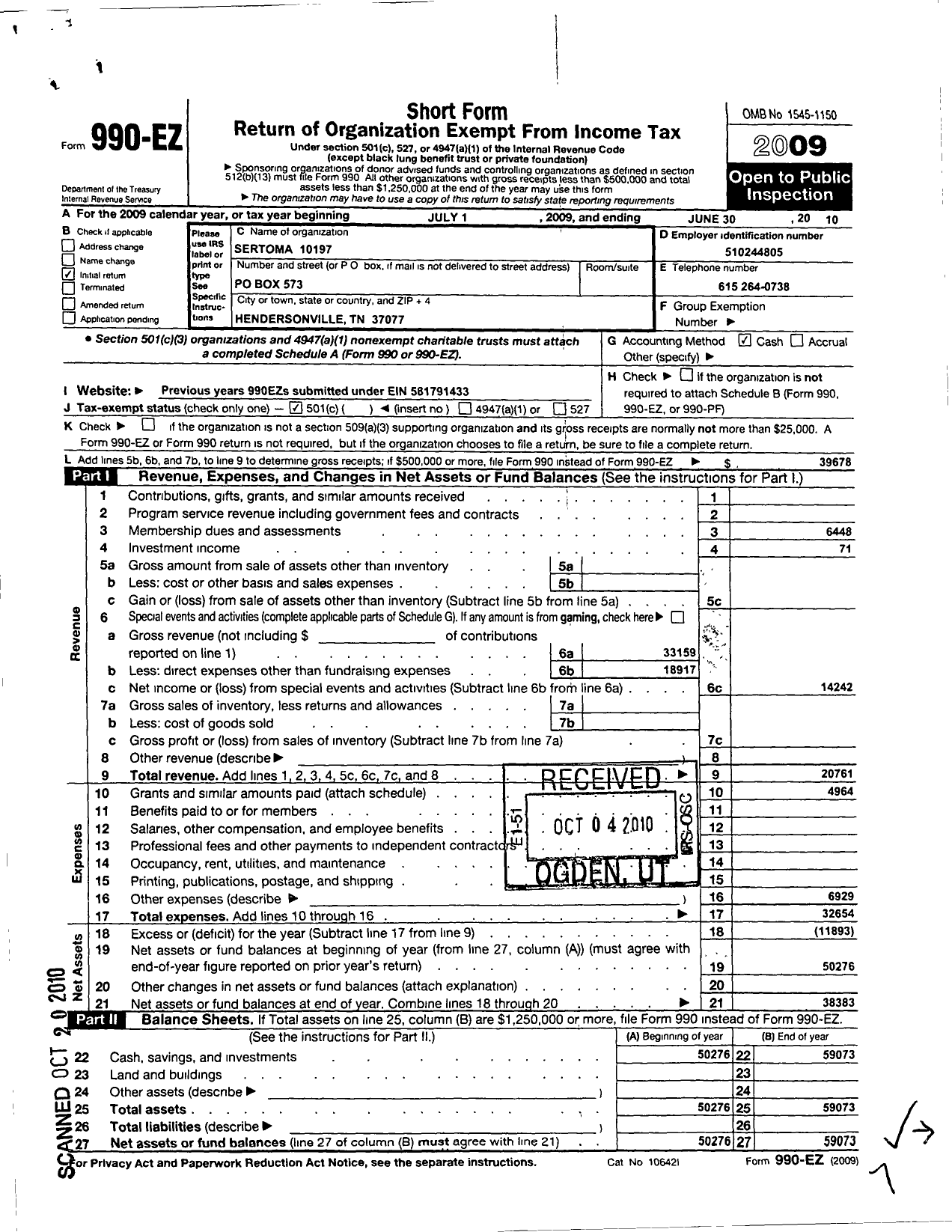 Image of first page of 2009 Form 990EO for Sertoma - 10197 Hendersonville Evening