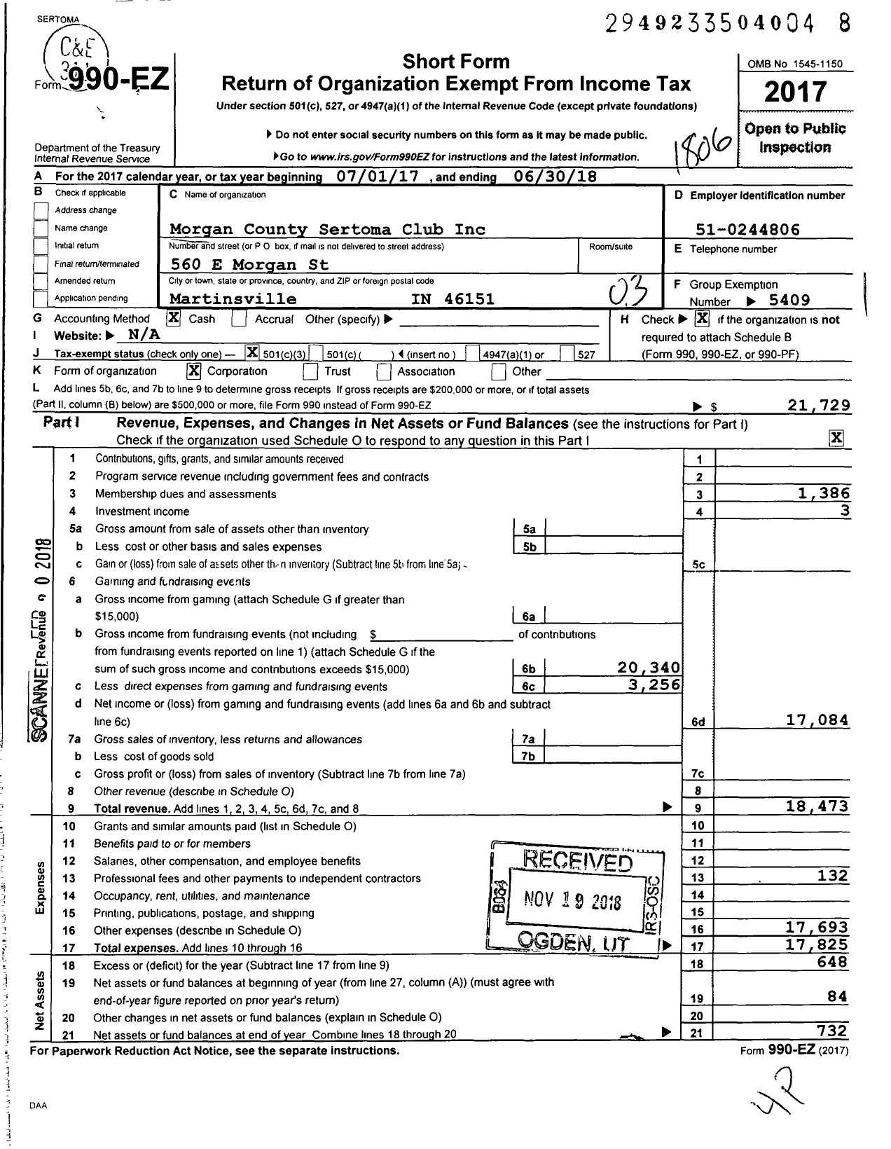 Image of first page of 2017 Form 990EZ for Sertoma - 10788 Morgan County Sertoma Club