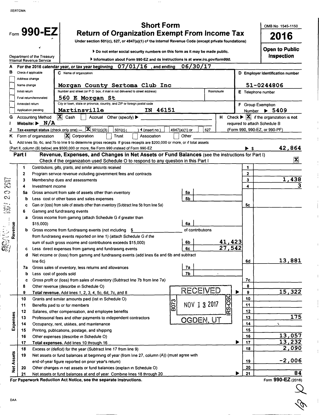 Image of first page of 2016 Form 990EZ for Sertoma - 10788 Morgan County Sertoma Club