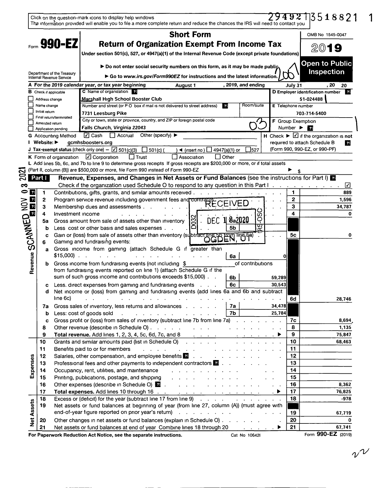 Image of first page of 2019 Form 990EZ for Marshall High School Booster Club