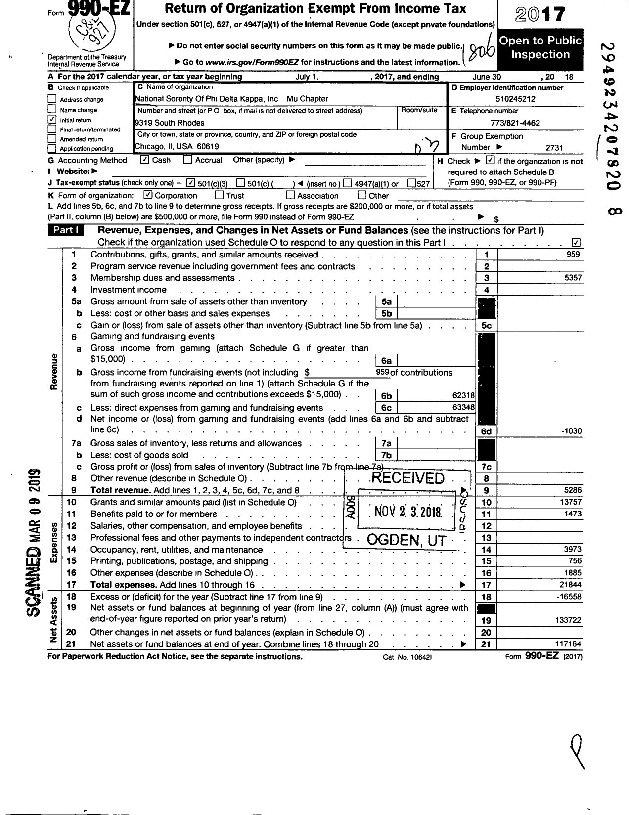 Image of first page of 2017 Form 990EZ for National Sorority of Phi Delta Kappa Mu Chapter