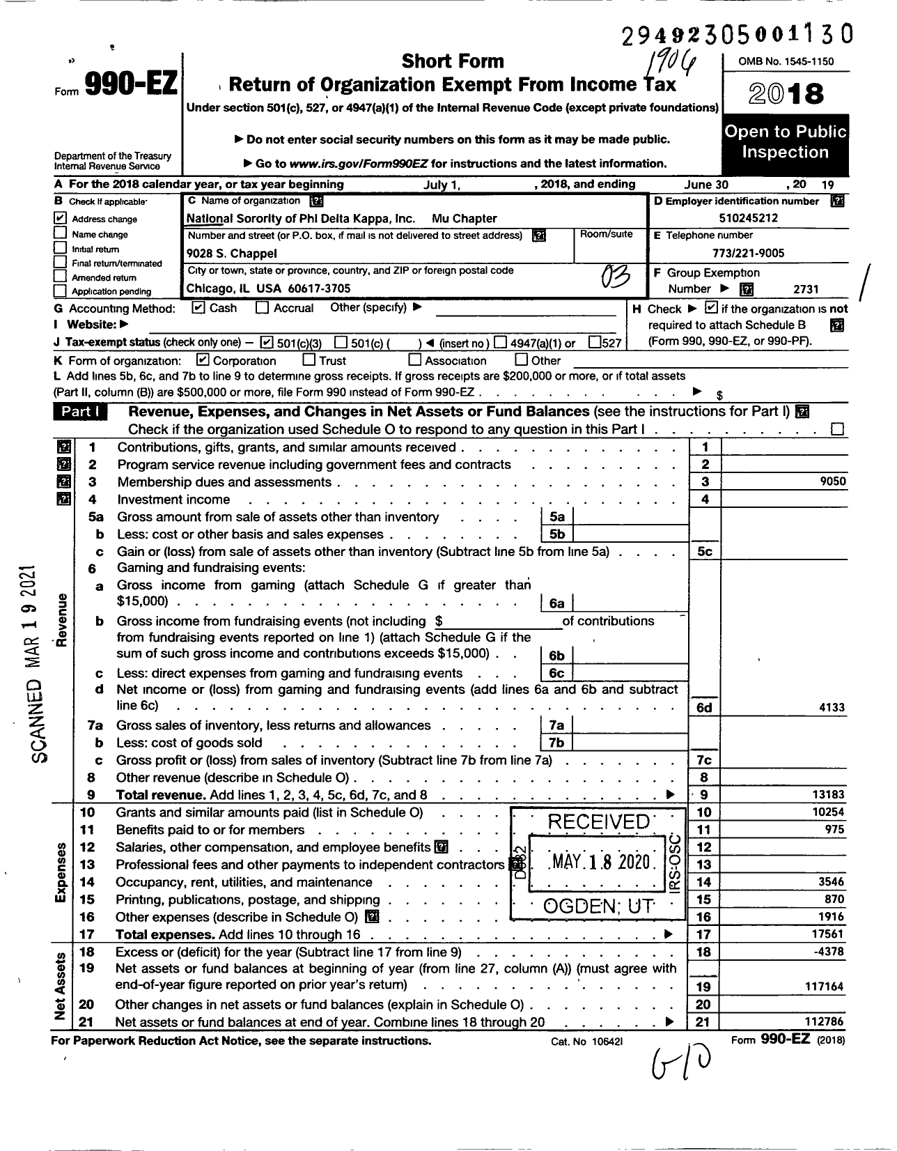 Image of first page of 2018 Form 990EZ for National Sorority of Phi Delta Kappa Mu Chapter