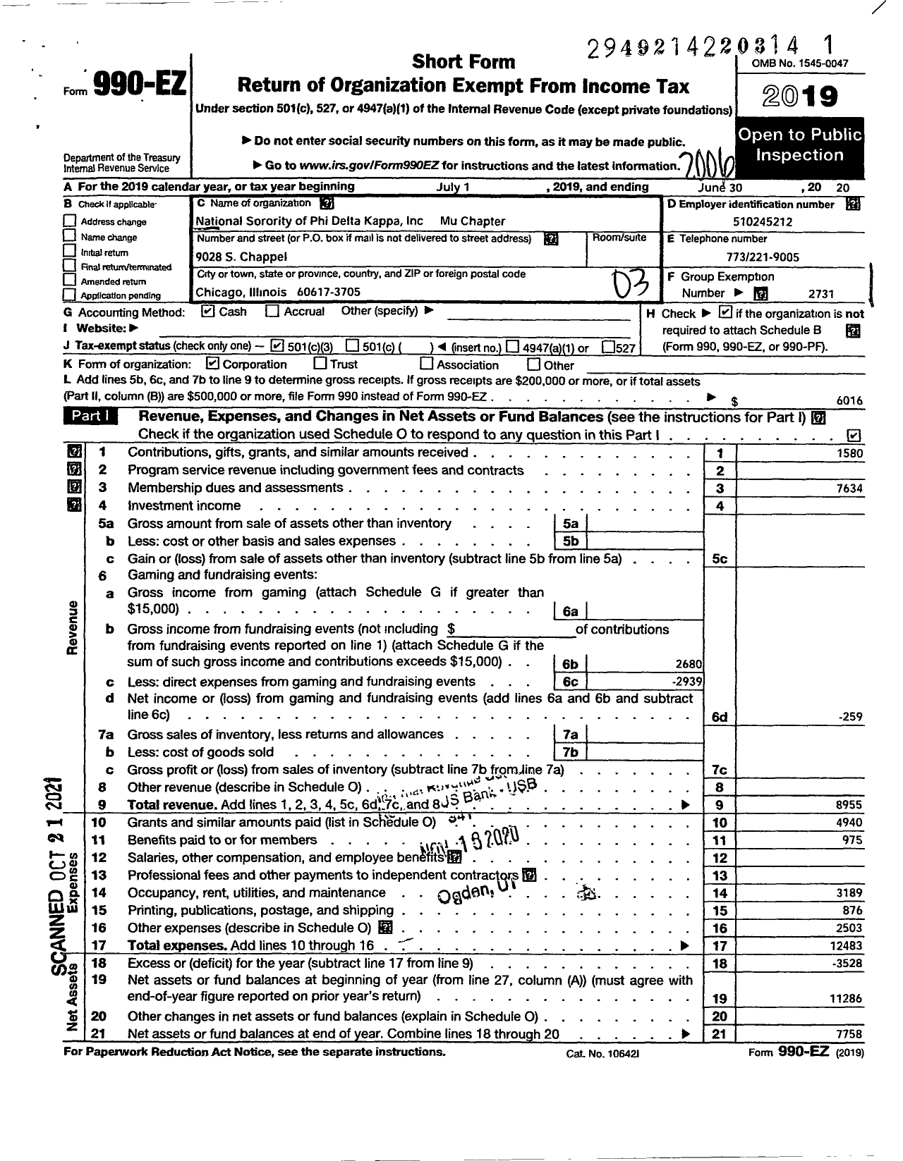 Image of first page of 2019 Form 990EZ for National Sorority of Phi Delta Kappa Mu Chapter