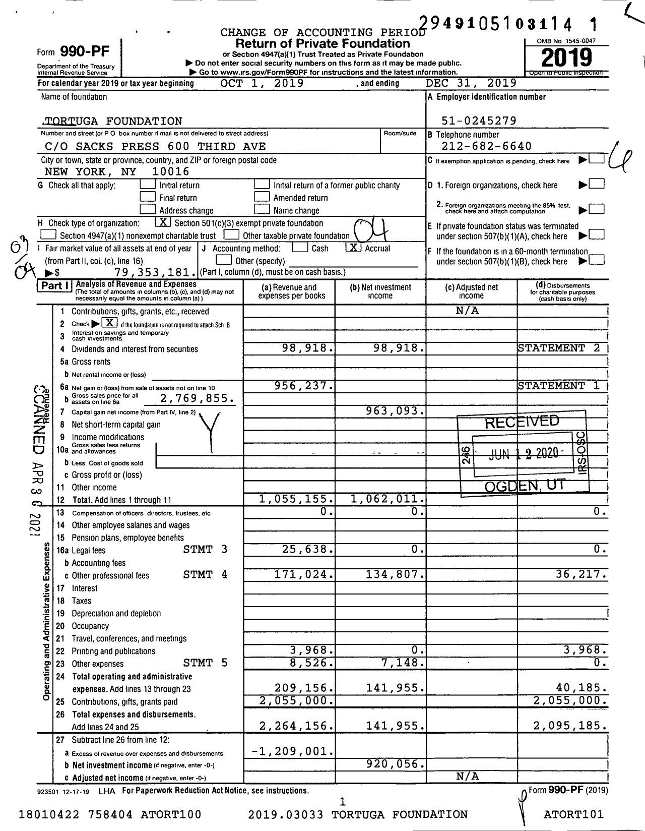 Image of first page of 2019 Form 990PF for Tortuga Charitable Foundation