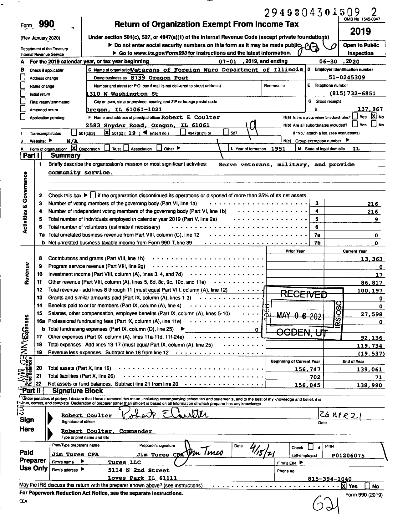 Image of first page of 2019 Form 990O for VFW Dept of Illinois - 8739 Oregon Post