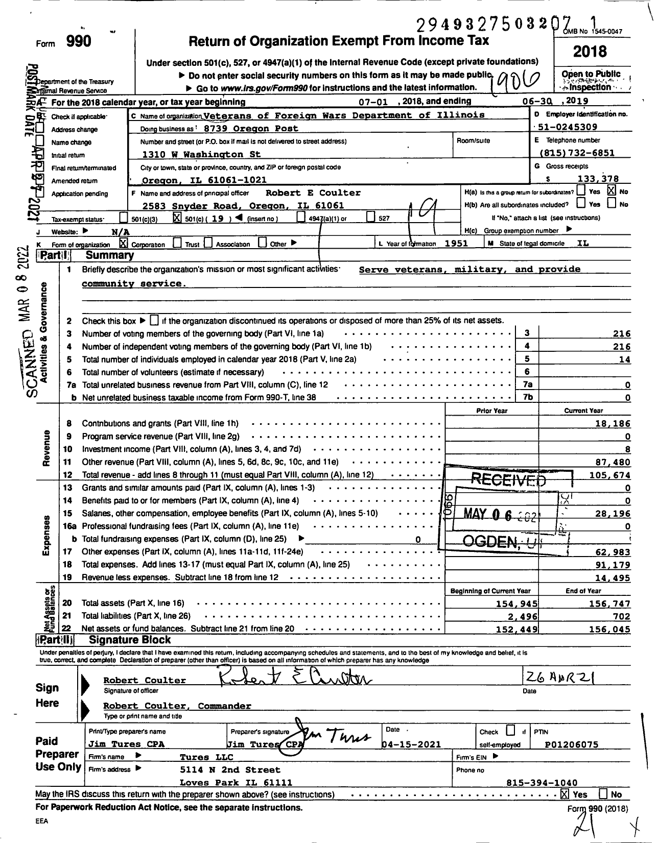 Image of first page of 2018 Form 990O for VFW Dept of Illinois - 8739 Oregon Post