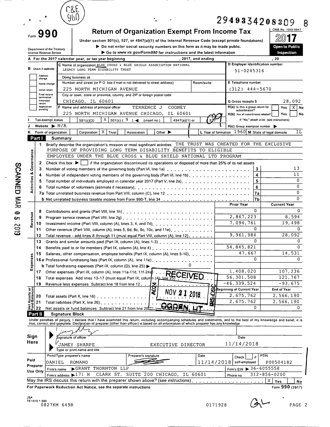 Image of first page of 2017 Form 990O for Blue Cross and Blue Shield Associatn National Legacy Long Term Disability Trust