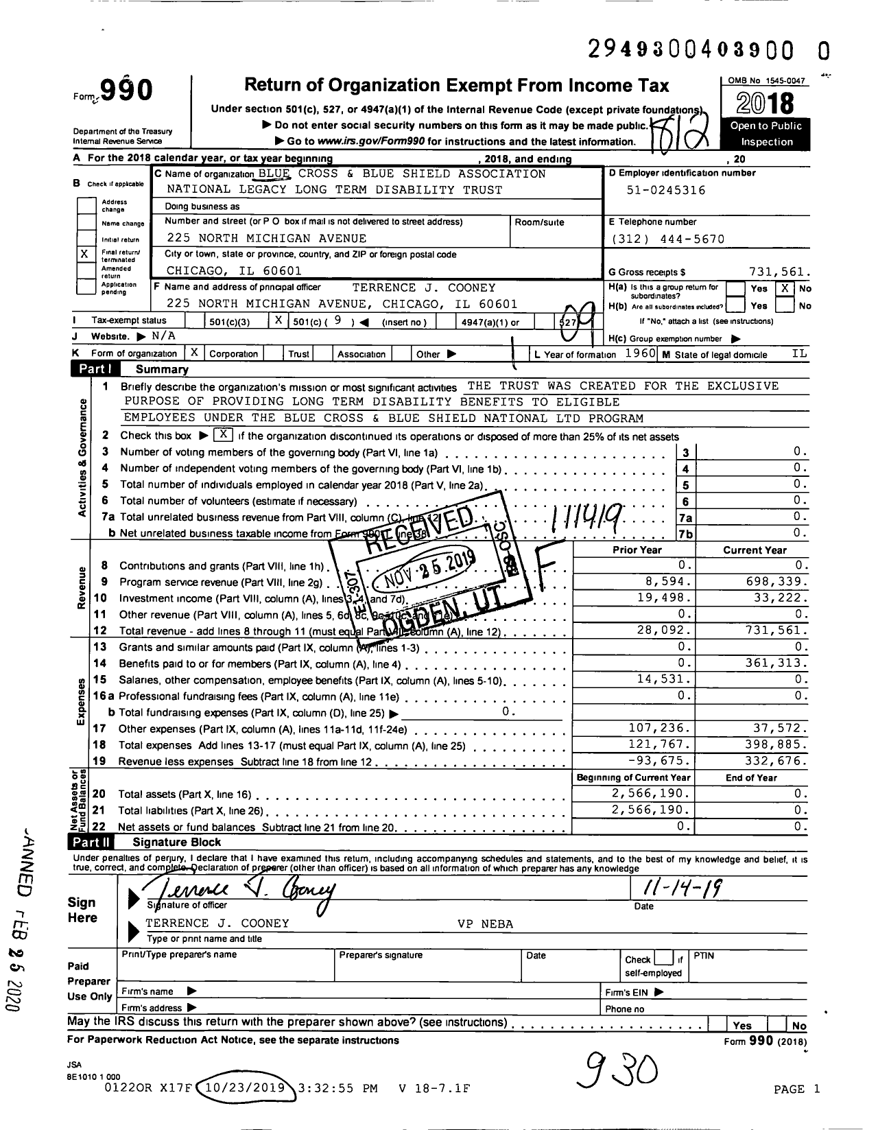 Image of first page of 2018 Form 990O for Blue Cross and Blue Shield Associatn National Legacy Long Term Disability Trust