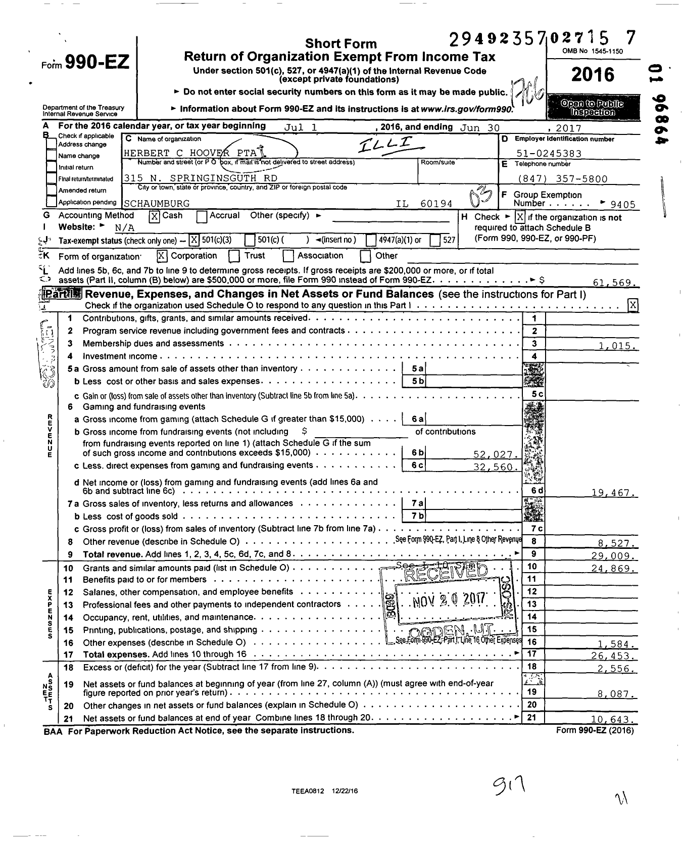 Image of first page of 2016 Form 990EZ for ILLINOIS PTA - Hoover PTA