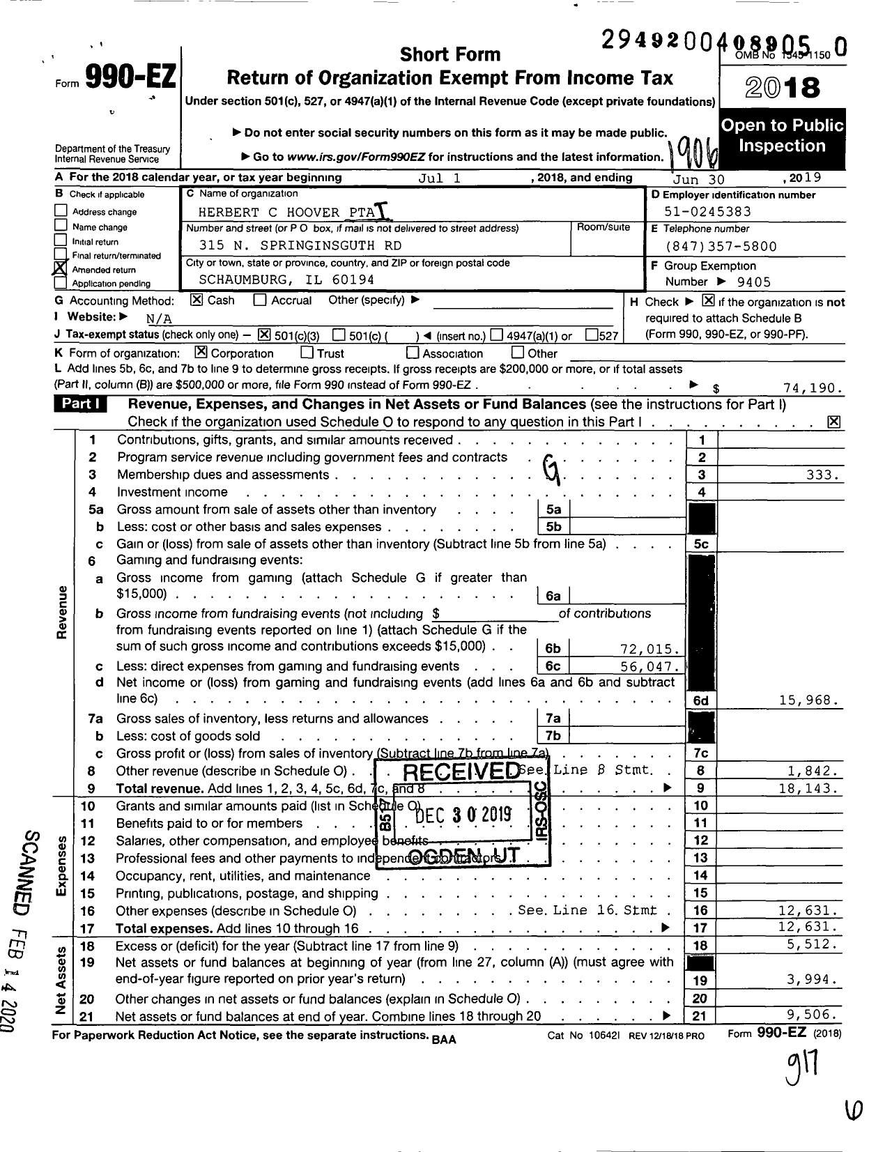 Image of first page of 2018 Form 990EZ for ILLINOIS PTA - Hoover PTA