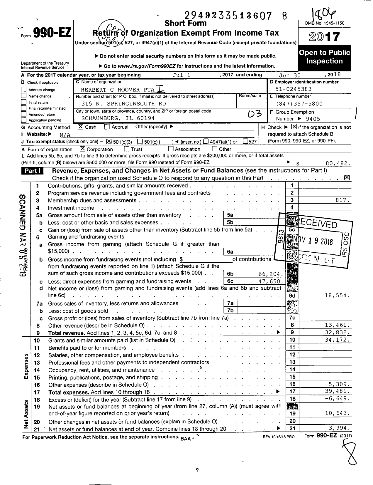 Image of first page of 2017 Form 990EZ for ILLINOIS PTA - Hoover PTA