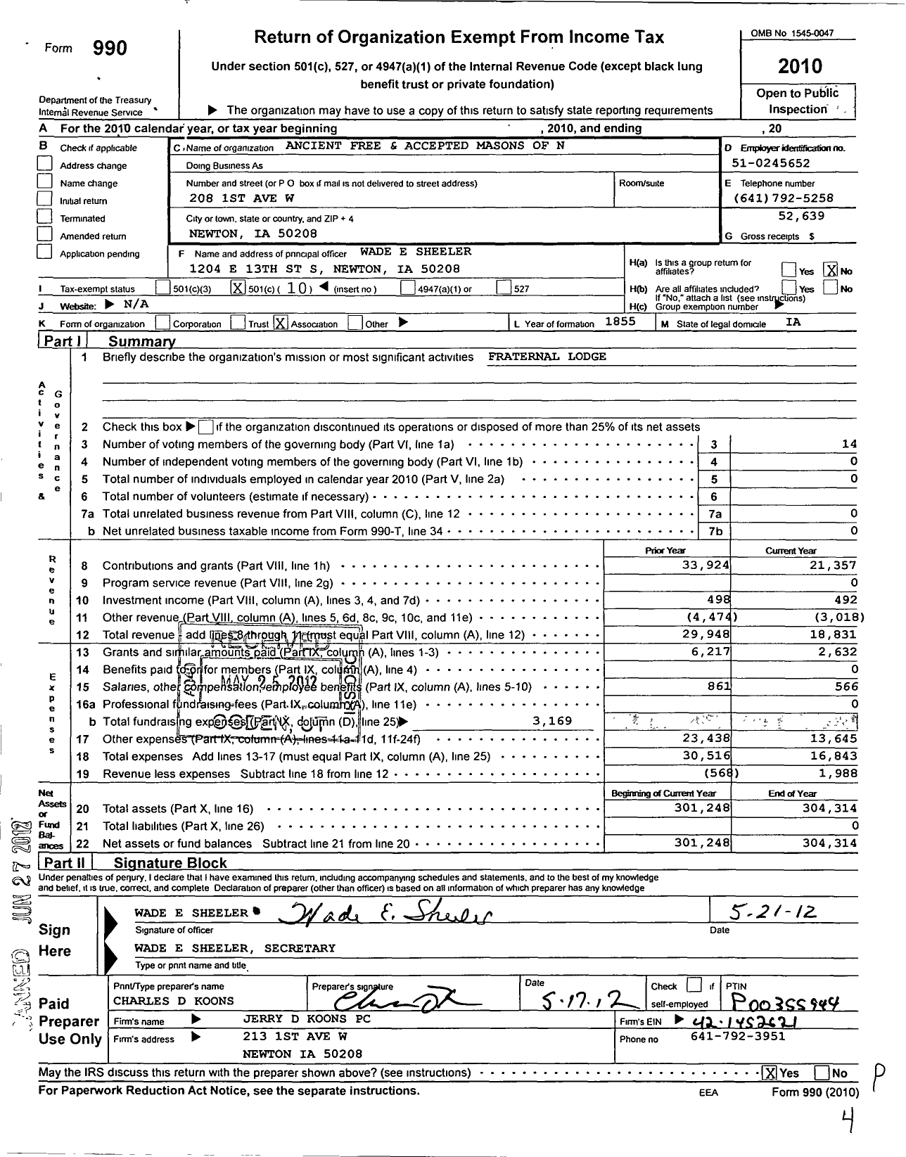 Image of first page of 2010 Form 990O for Ancient Free and Accepted Masons of Iowa - 59 Newton