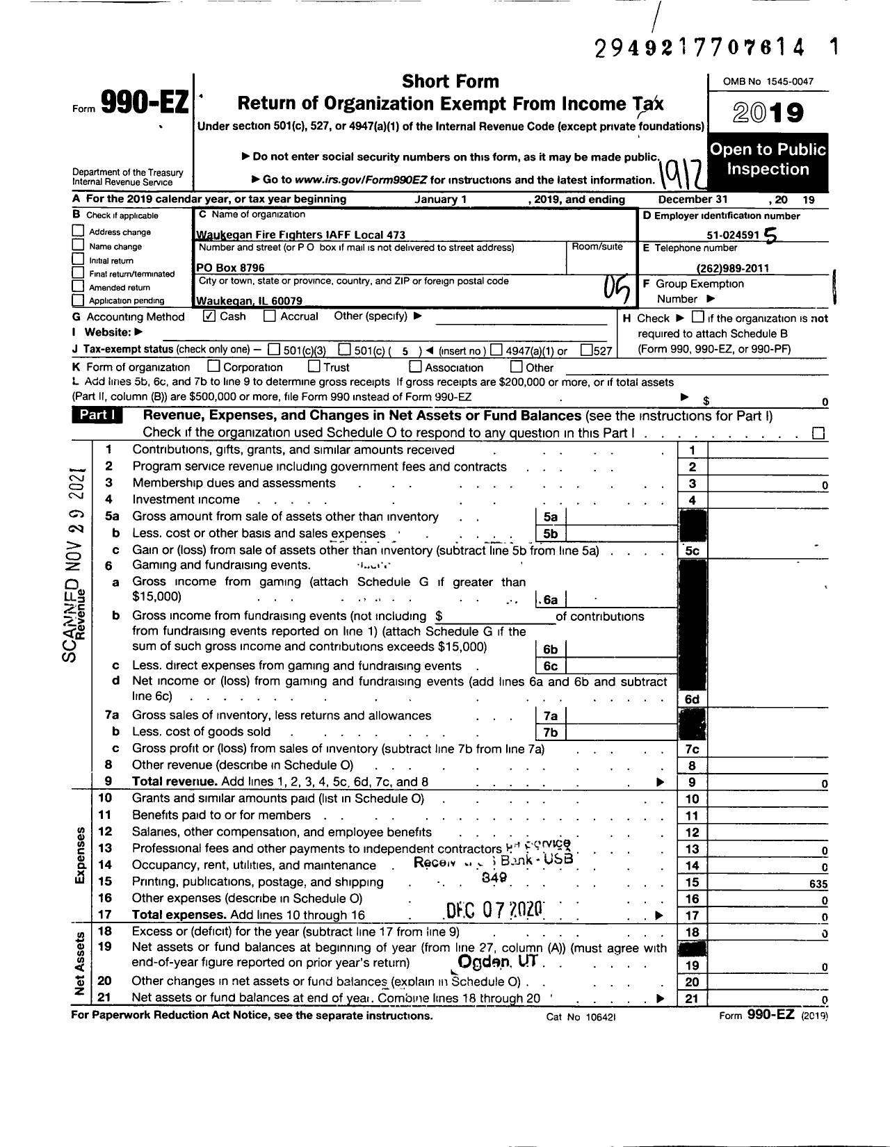 Image of first page of 2019 Form 990EO for Waukegan Fire Fighters Iaff Local 473